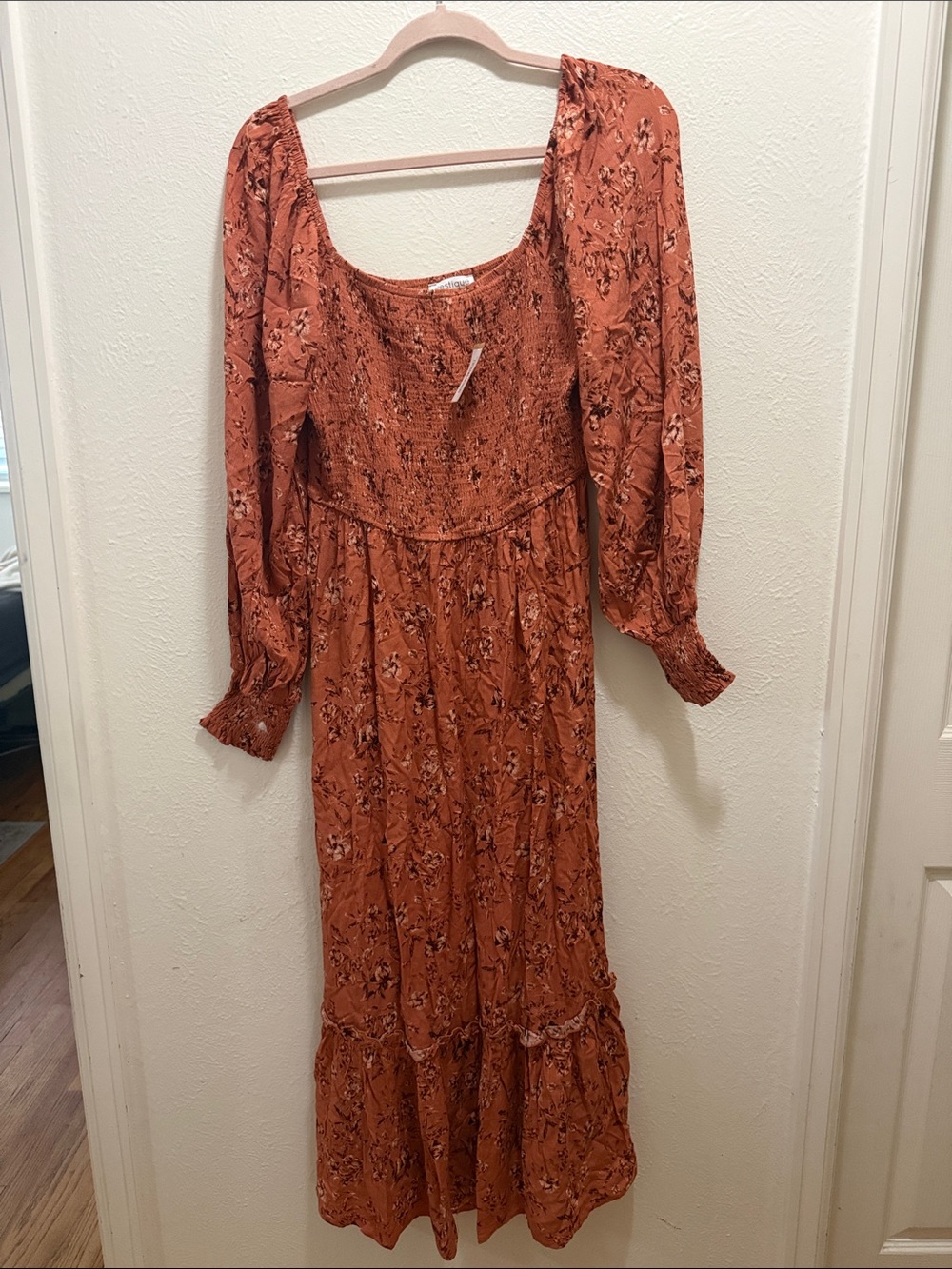 vestique Burnt Orange Floral Smocked Maxi Dress